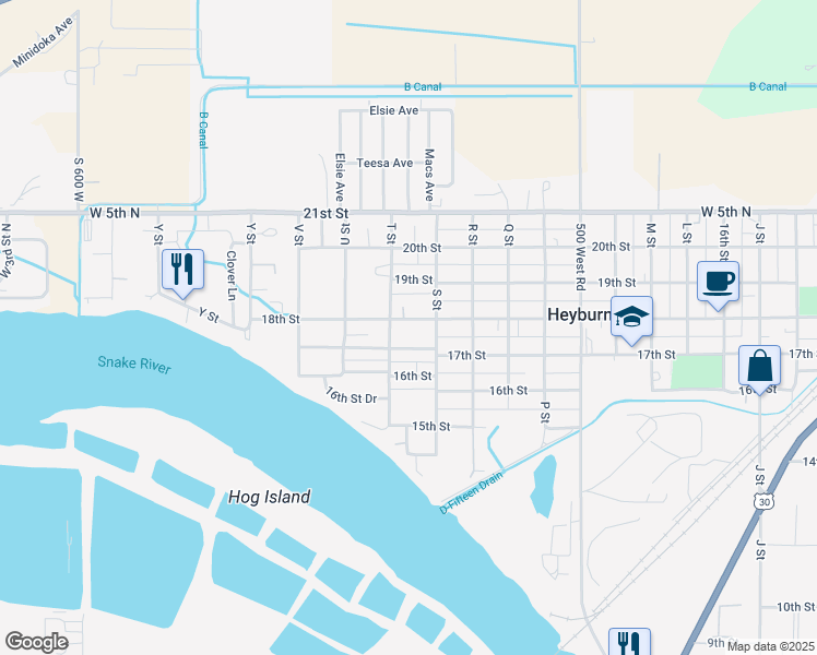 map of restaurants, bars, coffee shops, grocery stores, and more near 1941 18th Street in Heyburn