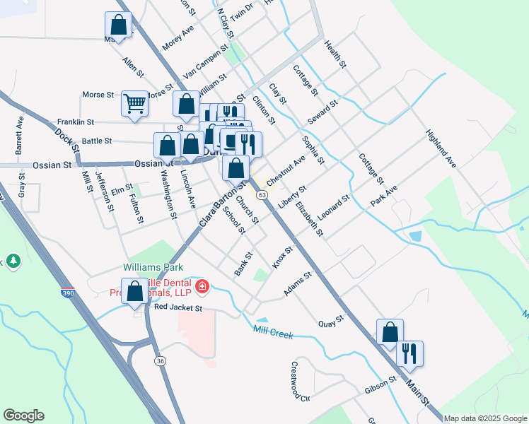 map of restaurants, bars, coffee shops, grocery stores, and more near 105 Main Street in Dansville