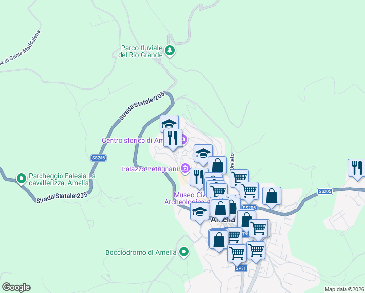 map of restaurants, bars, coffee shops, grocery stores, and more near 14 Via Geraldini in Amelia