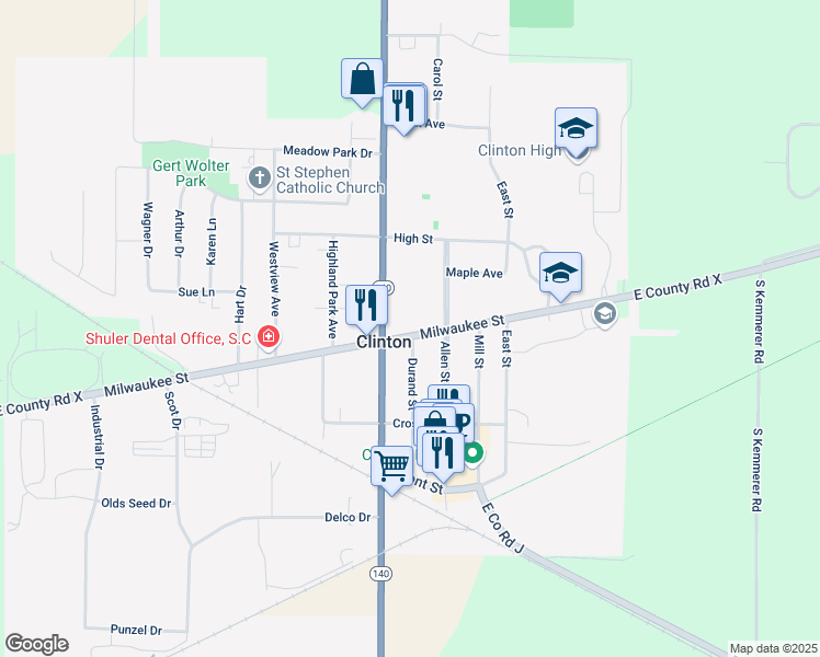map of restaurants, bars, coffee shops, grocery stores, and more near in Clinton