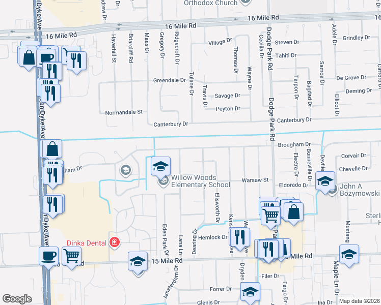 map of restaurants, bars, coffee shops, grocery stores, and more near 35856 Lana Lane in Sterling Heights