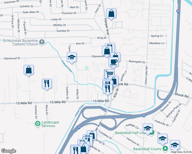 map of restaurants, bars, coffee shops, grocery stores, and more near 23805 Bunker Hill Drive in Macomb County