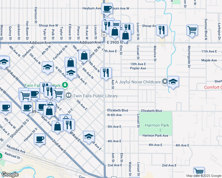 map of restaurants, bars, coffee shops, grocery stores, and more near 1210 8th Avenue East in Twin Falls