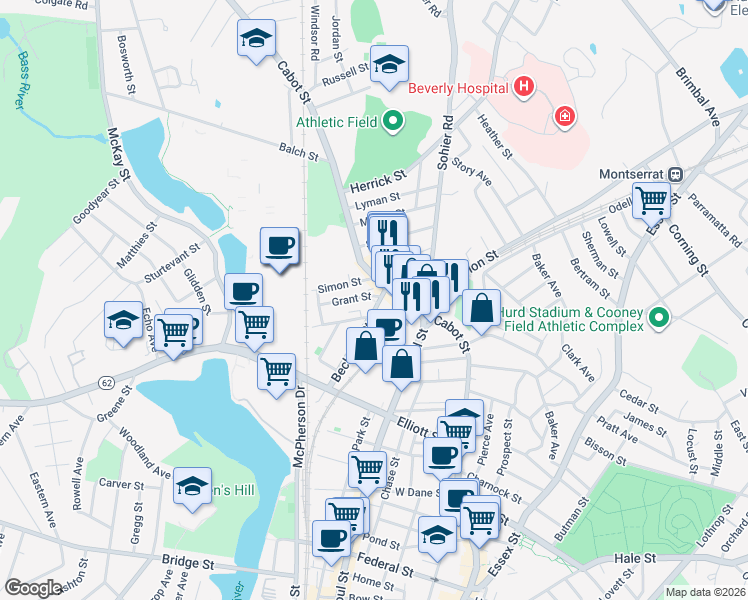 map of restaurants, bars, coffee shops, grocery stores, and more near 38 Beckford Street in Beverly
