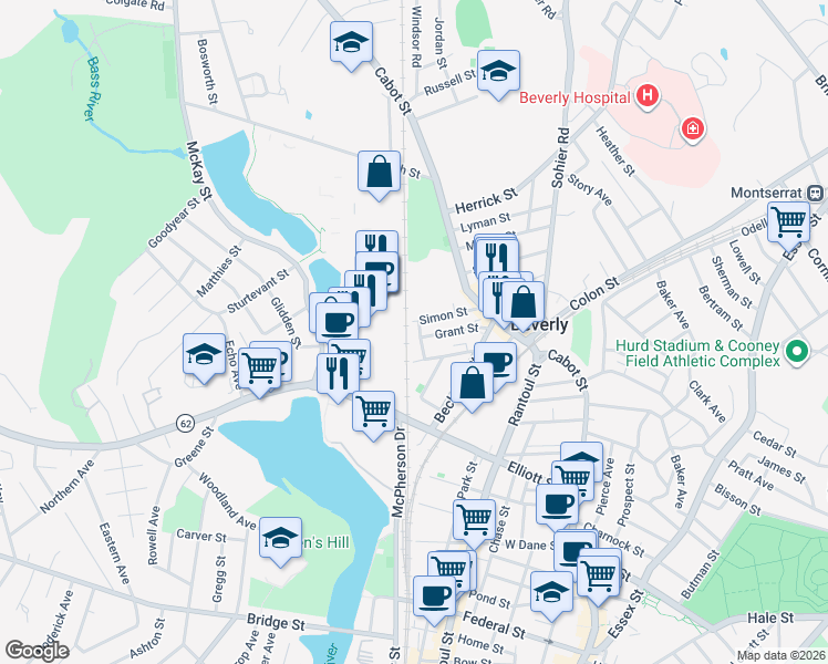 map of restaurants, bars, coffee shops, grocery stores, and more near in Beverly