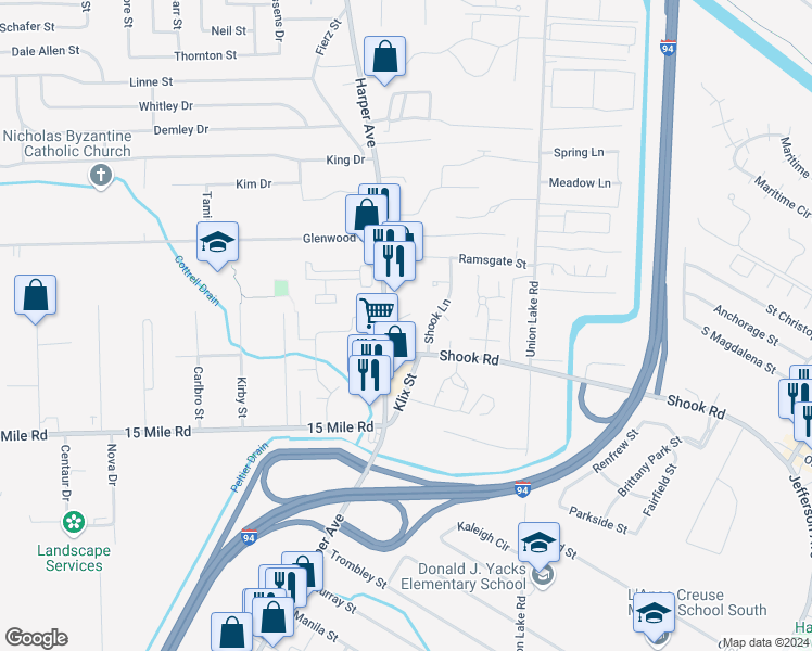 map of restaurants, bars, coffee shops, grocery stores, and more near 35470 Klix Street in Clinton Township