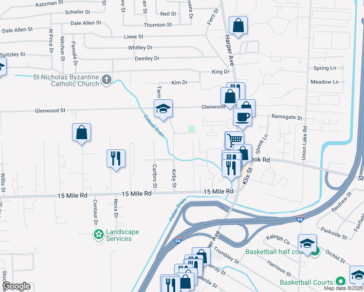 map of restaurants, bars, coffee shops, grocery stores, and more near 23575 15 Mile Road in Clinton Township