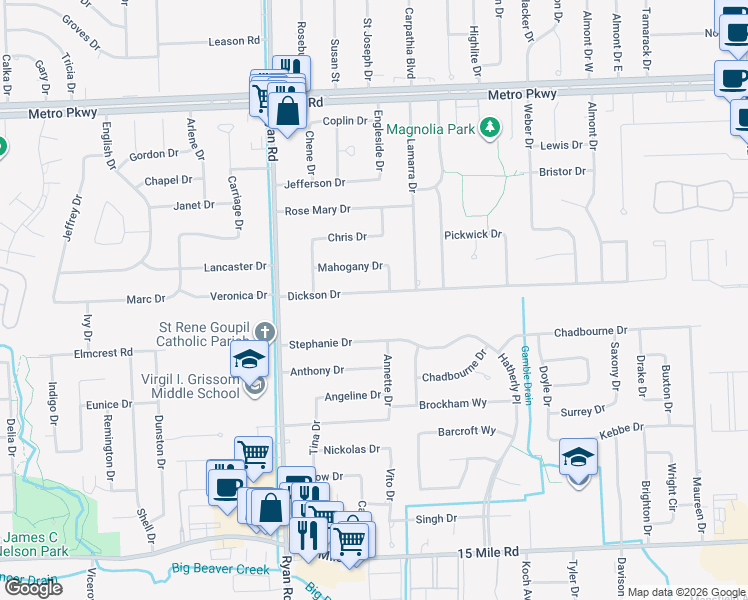 map of restaurants, bars, coffee shops, grocery stores, and more near 4238 Dickson Drive in Sterling Heights