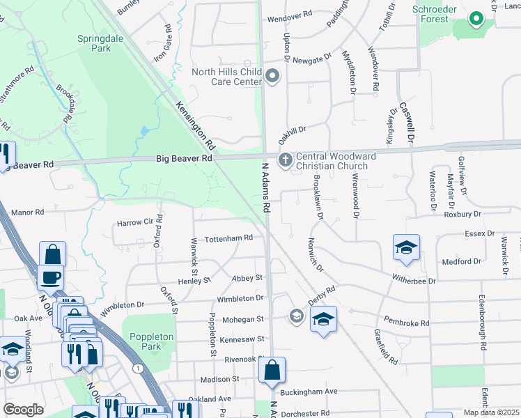 map of restaurants, bars, coffee shops, grocery stores, and more near 1333 North Adams Road in Birmingham