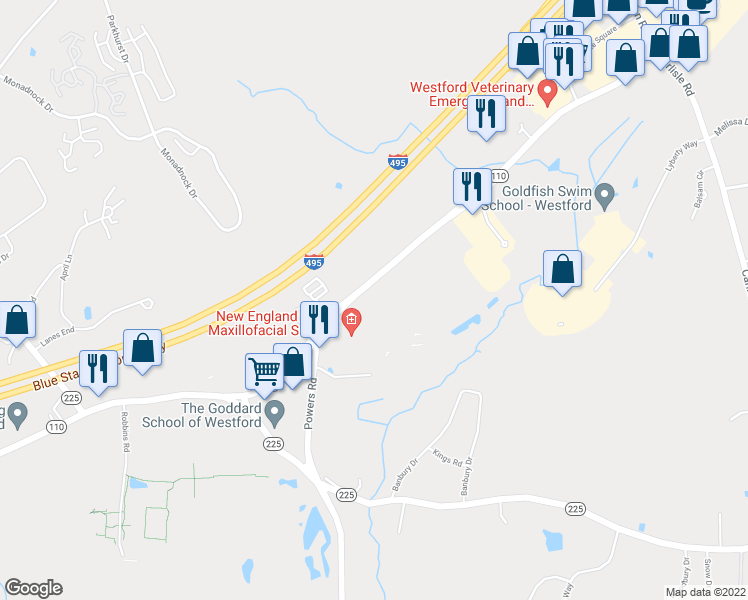 map of restaurants, bars, coffee shops, grocery stores, and more near 98 Park Drive in Westford