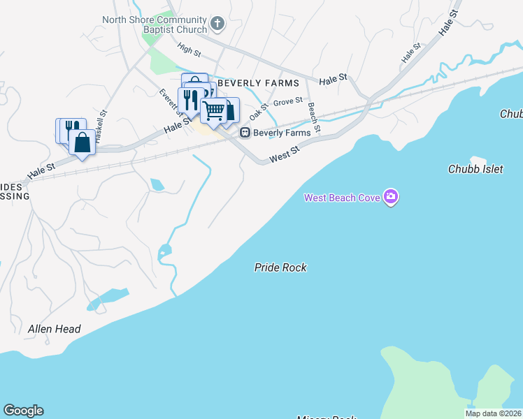 map of restaurants, bars, coffee shops, grocery stores, and more near 63 West Street in Beverly