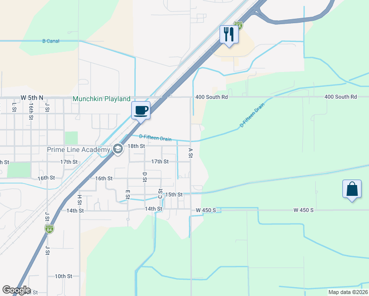 map of restaurants, bars, coffee shops, grocery stores, and more near 101-187 18th Street in Heyburn