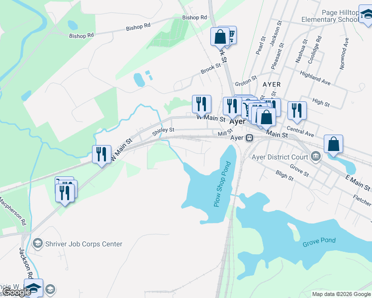 map of restaurants, bars, coffee shops, grocery stores, and more near 0 Sculley Road in Ayer