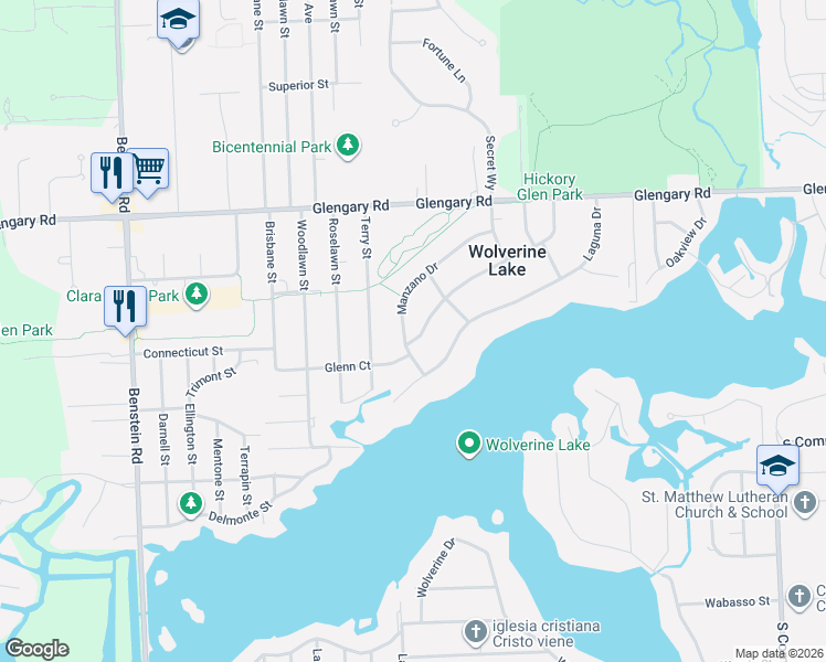 map of restaurants, bars, coffee shops, grocery stores, and more near 844 Los Arboles Drive in Commerce Charter Township