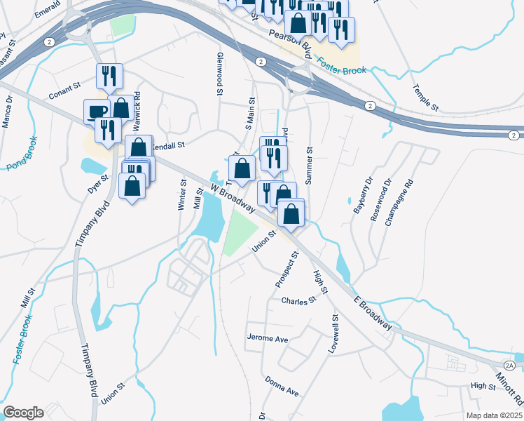 map of restaurants, bars, coffee shops, grocery stores, and more near 38 West Broadway in Gardner