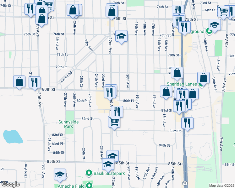 map of restaurants, bars, coffee shops, grocery stores, and more near 2105 80th Street in Kenosha