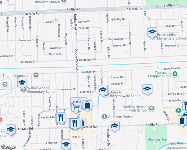 map of restaurants, bars, coffee shops, grocery stores, and more near 35819 Bonneville Drive in Sterling Heights