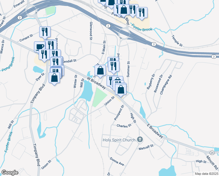 map of restaurants, bars, coffee shops, grocery stores, and more near 41 West Broadway in Gardner