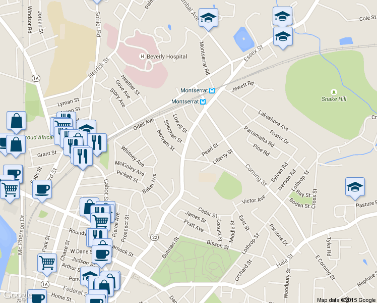 map of restaurants, bars, coffee shops, grocery stores, and more near 131 Essex Street in Beverly