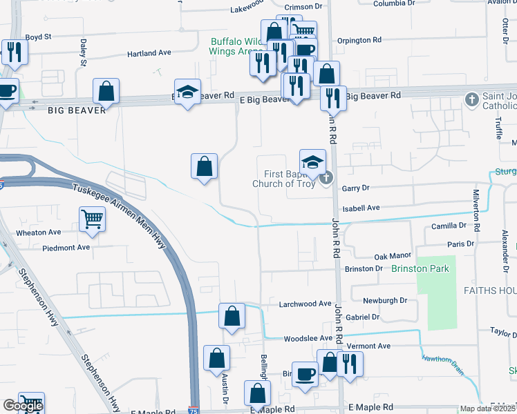 map of restaurants, bars, coffee shops, grocery stores, and more near 1565 Jackson Drive in Troy