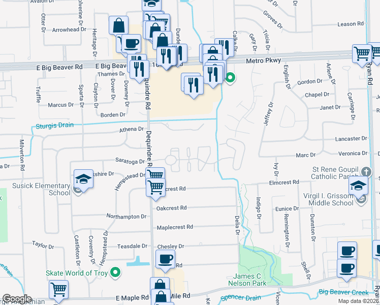 map of restaurants, bars, coffee shops, grocery stores, and more near 36200 Dequindre Road in Sterling Heights