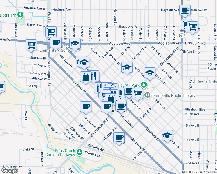 map of restaurants, bars, coffee shops, grocery stores, and more near 323 2nd Avenue North in Twin Falls