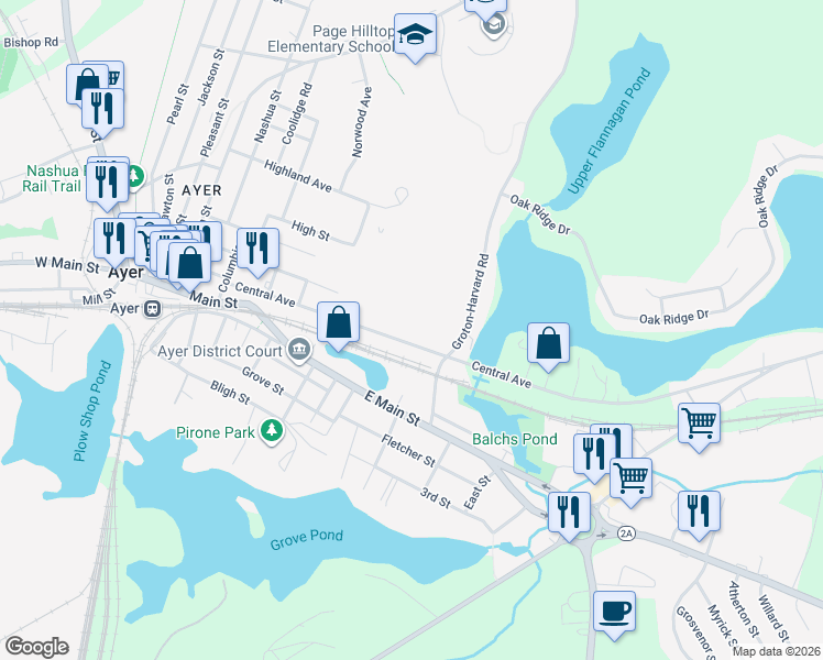 map of restaurants, bars, coffee shops, grocery stores, and more near 76 Central Avenue in Ayer