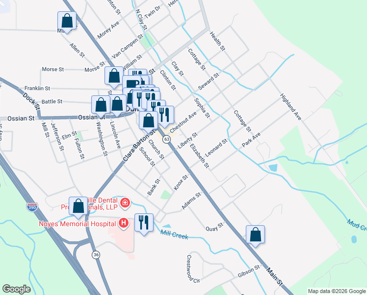 map of restaurants, bars, coffee shops, grocery stores, and more near 86 Main Street in Dansville