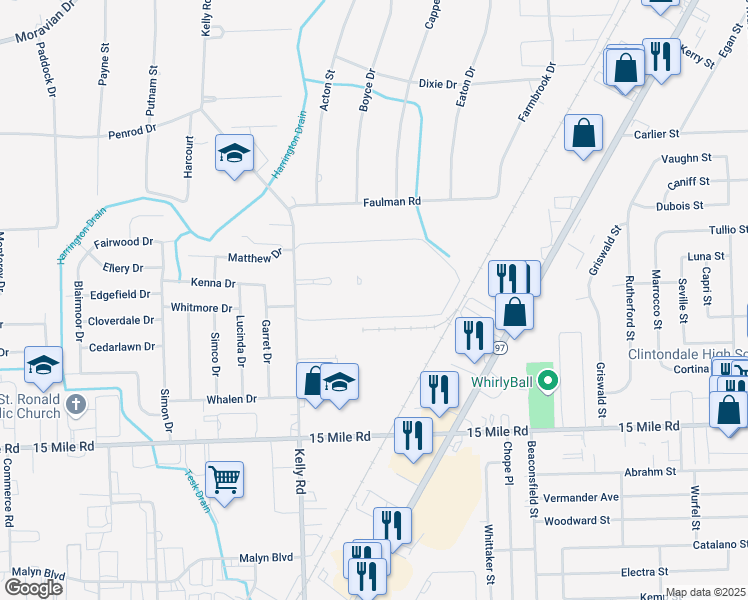 map of restaurants, bars, coffee shops, grocery stores, and more near 19000 South Highlite Drive in Clinton Township