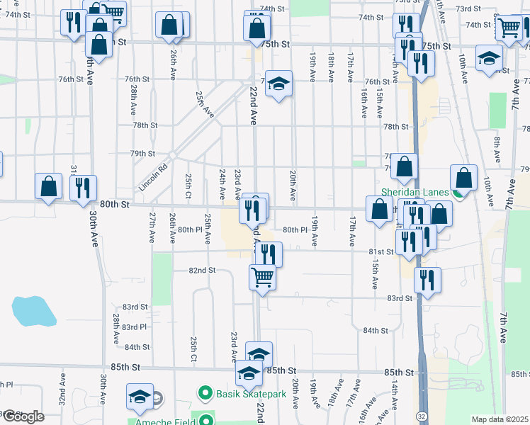 map of restaurants, bars, coffee shops, grocery stores, and more near 2105 80th Street in Kenosha