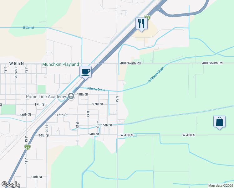 map of restaurants, bars, coffee shops, grocery stores, and more near 101 18th Street in Heyburn