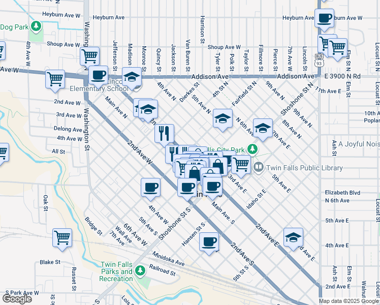 map of restaurants, bars, coffee shops, grocery stores, and more near 323 2nd Avenue North in Twin Falls