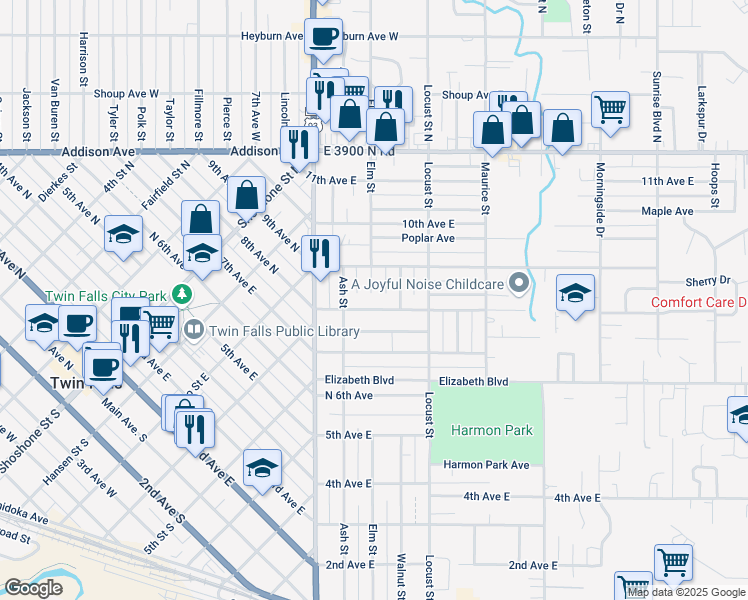 map of restaurants, bars, coffee shops, grocery stores, and more near 1303 8th Avenue East in Twin Falls