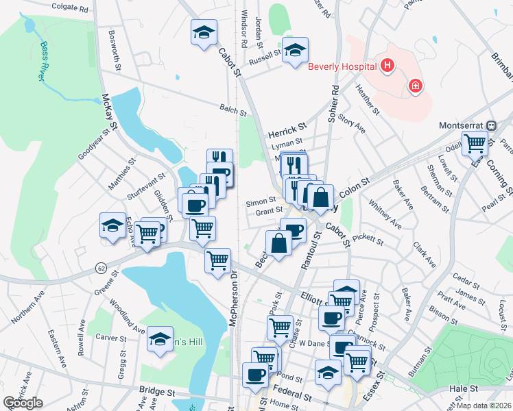 map of restaurants, bars, coffee shops, grocery stores, and more near 32 Simon Street in Beverly