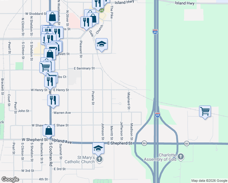 map of restaurants, bars, coffee shops, grocery stores, and more near 409 Merritt Street in Charlotte
