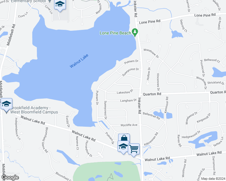 map of restaurants, bars, coffee shops, grocery stores, and more near 2208 Lakeshire Drive in West Bloomfield Township