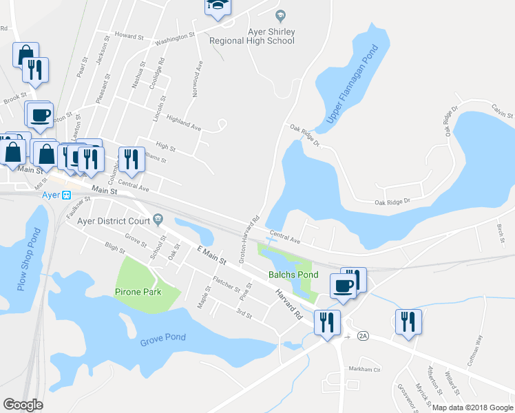 map of restaurants, bars, coffee shops, grocery stores, and more near 22 Groton-Harvard Road in Ayer