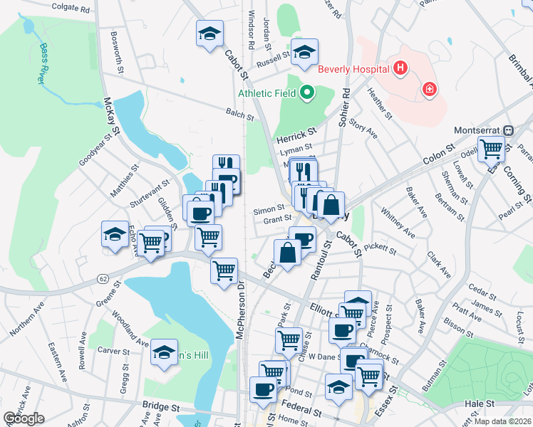 map of restaurants, bars, coffee shops, grocery stores, and more near 30 Grant Street in Beverly