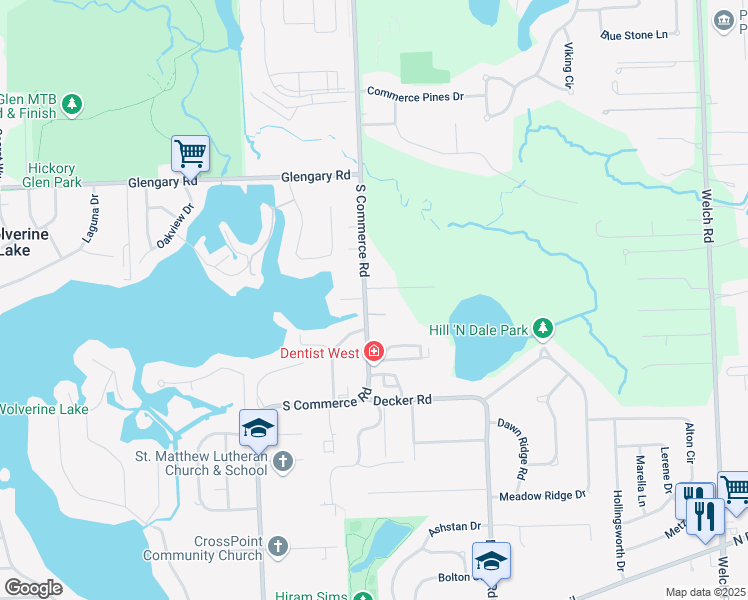 map of restaurants, bars, coffee shops, grocery stores, and more near 1107 Indianwood Trail in Walled Lake