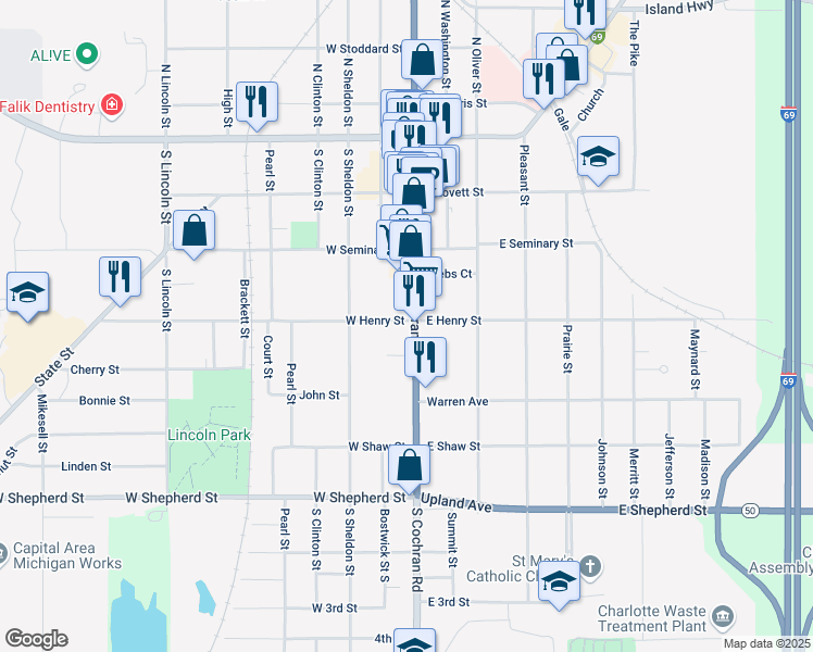 map of restaurants, bars, coffee shops, grocery stores, and more near 417 South Cochran Avenue in Charlotte
