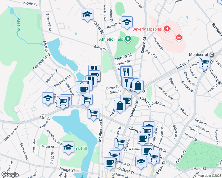 map of restaurants, bars, coffee shops, grocery stores, and more near 30 Simon Street in Beverly