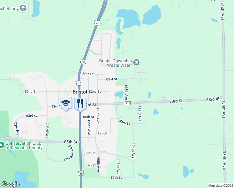 map of restaurants, bars, coffee shops, grocery stores, and more near 8130 195th Avenue in Bristol