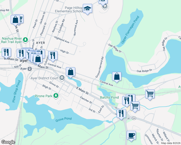 map of restaurants, bars, coffee shops, grocery stores, and more near 76 Central Avenue in Ayer