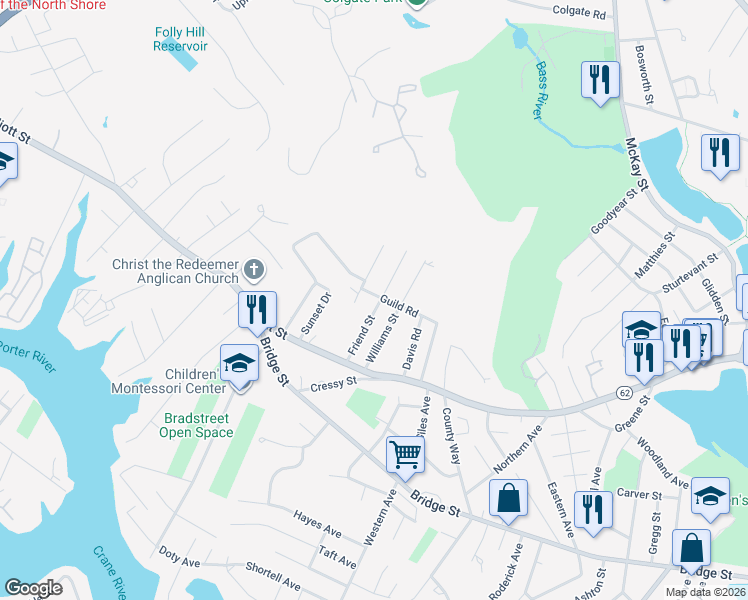 map of restaurants, bars, coffee shops, grocery stores, and more near 22 Friend Street in Beverly