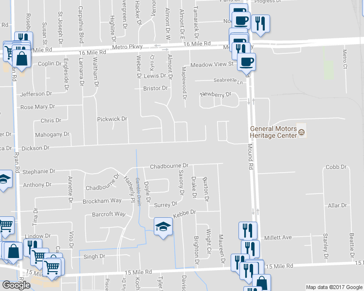 map of restaurants, bars, coffee shops, grocery stores, and more near 5232 Dickson Drive in Sterling Heights
