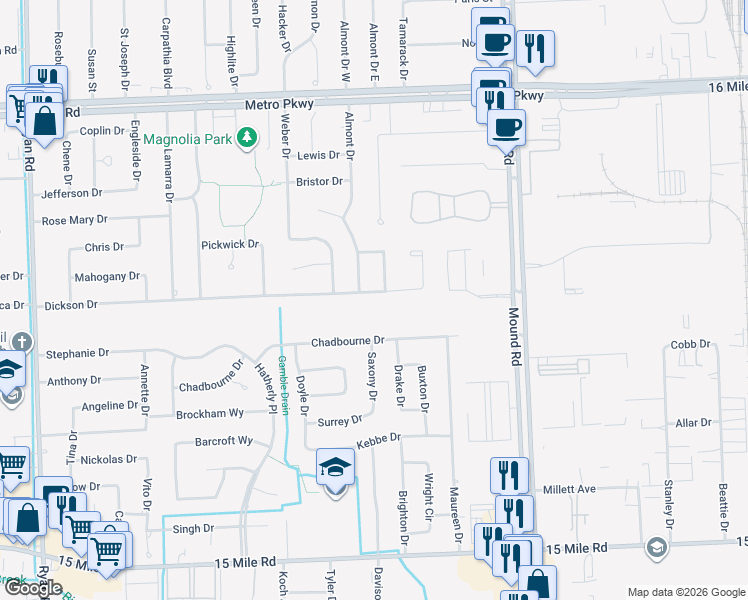 map of restaurants, bars, coffee shops, grocery stores, and more near 5232 Dickson Drive in Sterling Heights