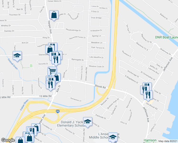 map of restaurants, bars, coffee shops, grocery stores, and more near 35580 Union Lake Road in Harrison Township