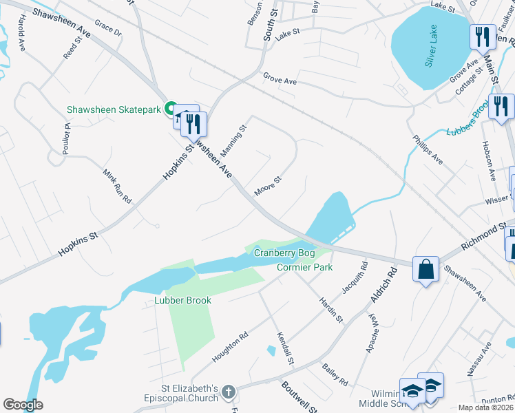map of restaurants, bars, coffee shops, grocery stores, and more near Shawsheen Avenue in Wilmington
