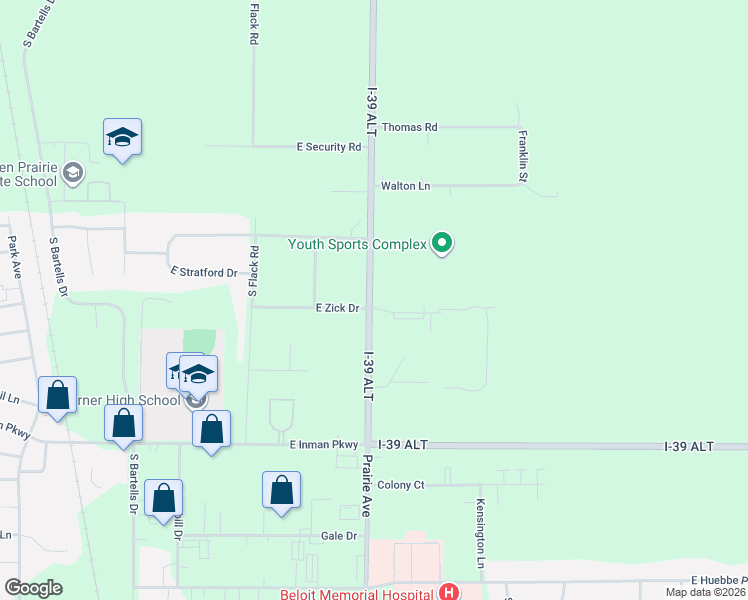 map of restaurants, bars, coffee shops, grocery stores, and more near 1803 East Zick Drive in Beloit
