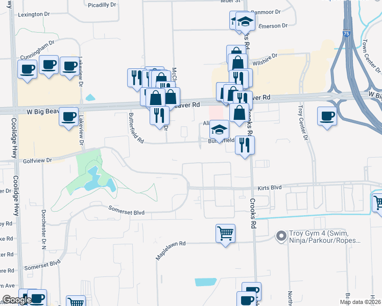 map of restaurants, bars, coffee shops, grocery stores, and more near 1960 Golfview Drive in Troy
